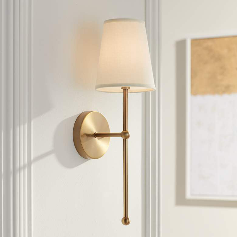 Metallic vertical wall lamp with cone-shaped fabric shade