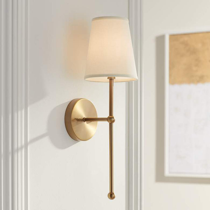 Metallic vertical wall lamp with cone-shaped fabric shade