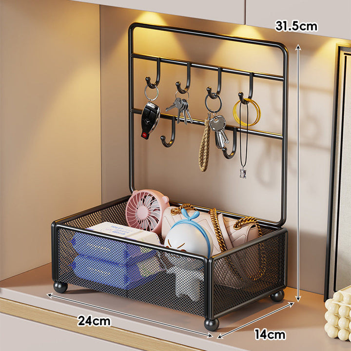 Mesh Two-Tier Entryway Organizer with Key Hooks and Deep Mesh Baskets