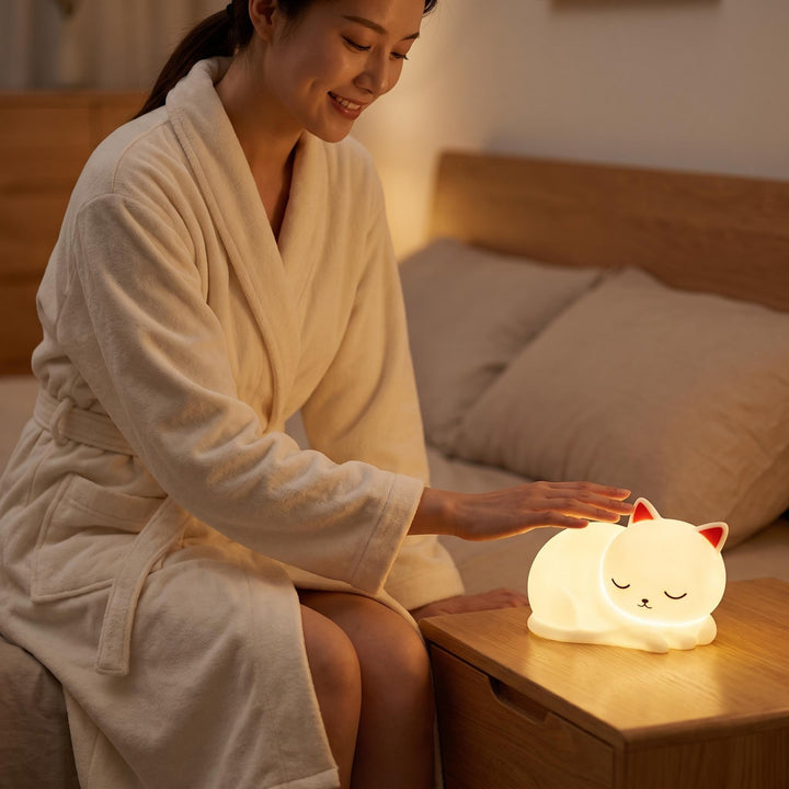 Silicone Sleeping Cat LED Night Light with Touch Dimming USB Rechargeable