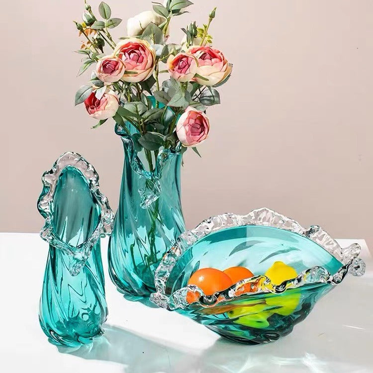 Hand-Blown Ruffled-Rim Swirled Glass Bulbous Tall Centerpiece Vase