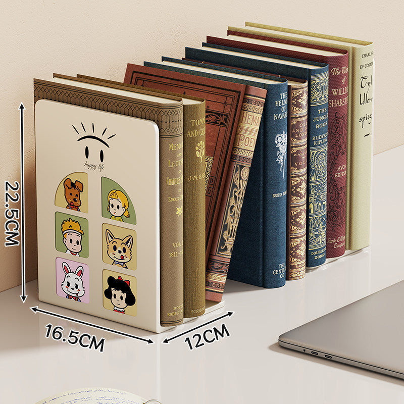 L-Shaped Decorative Metal Bookend with Cartoon Panel and Non-Slip Weighted Base