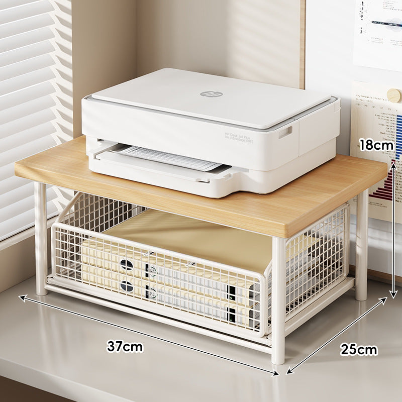 Desktop Printer & Office Equipment Riser with Wooden Top and Sliding Mesh Drawer