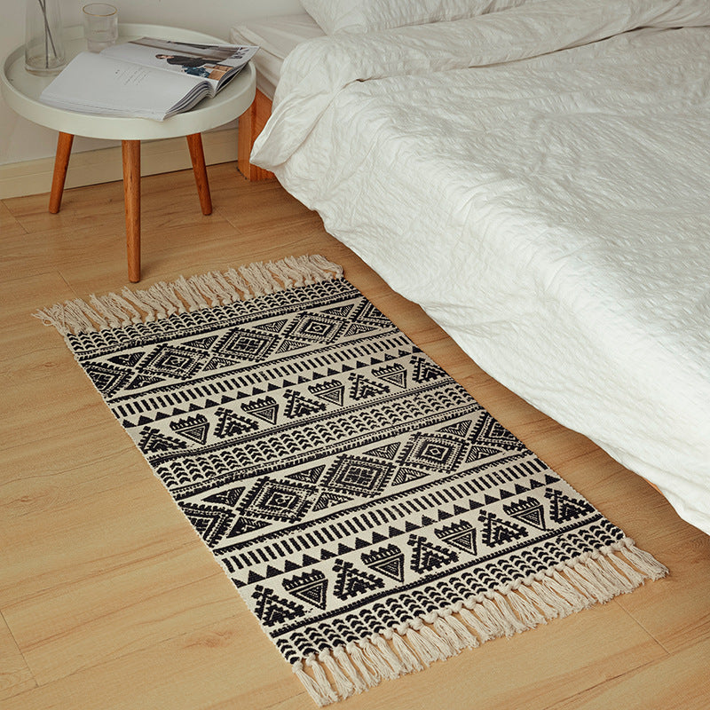 Flat-woven cotton runner in Boho-Tribal design with geometric diamond patterns and hand-fringed edge