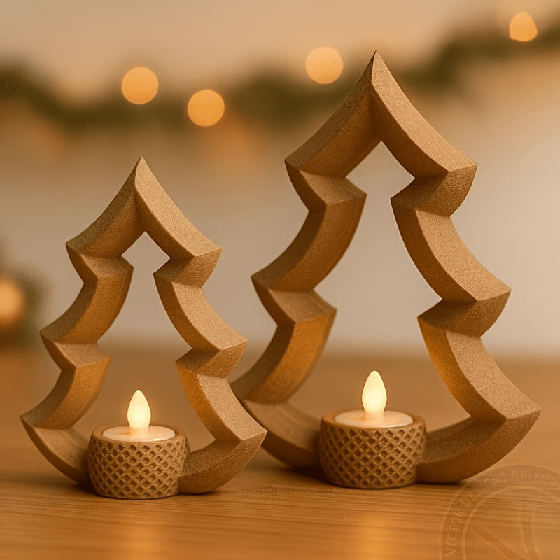 Wood carved Nordic Christmas tree tealight holder
