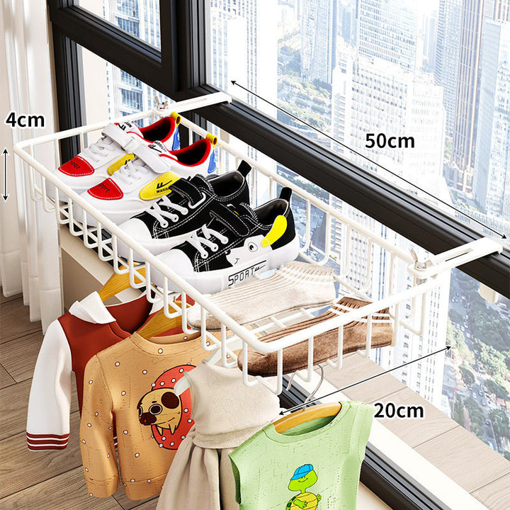 Over-Window Slide-Out Drying Rack with Wire Basket and Under-Hanger Rod