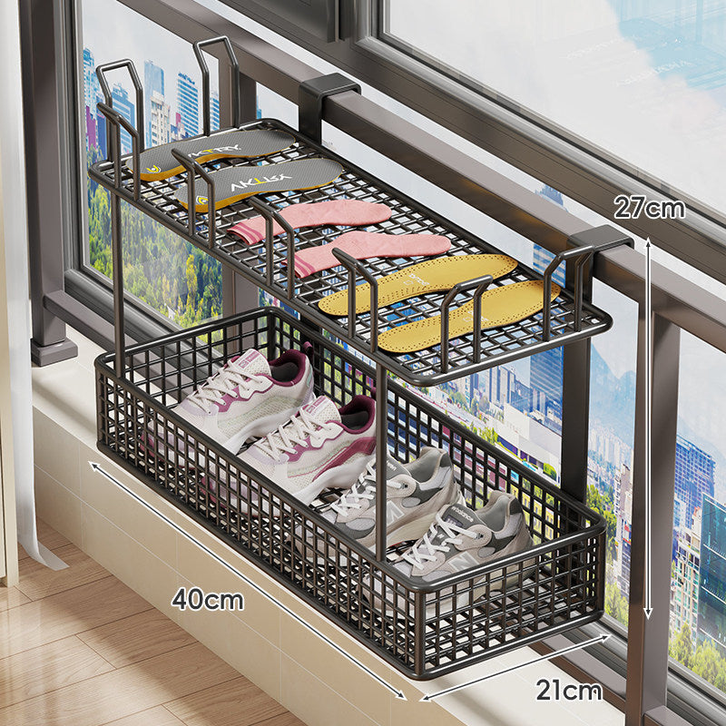 Hanging Balcony Two-Tier Shoe and Insole Organizer Rack with Mesh Baskets and Adjustable Hooks