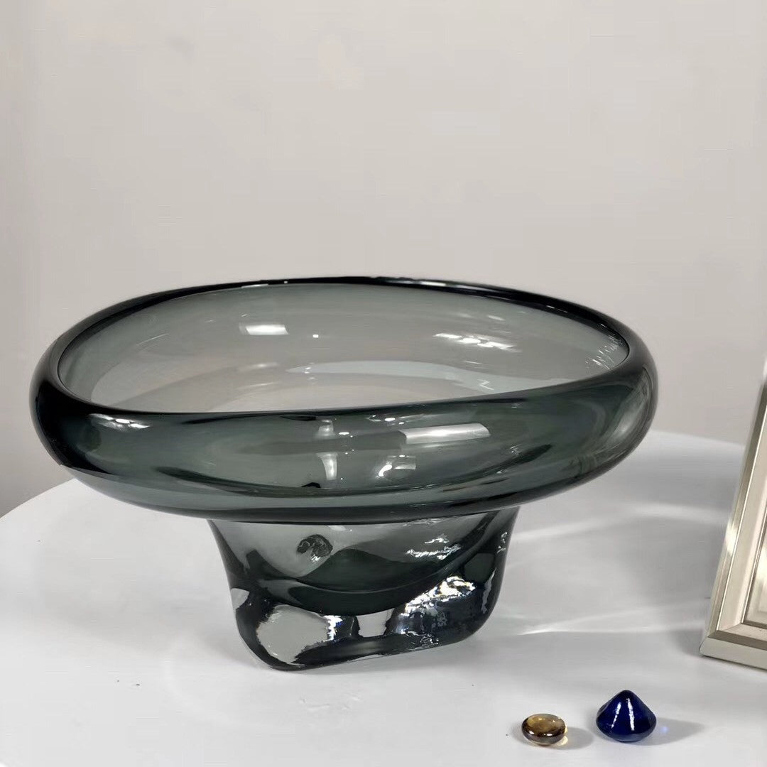 Thick Art Glass Pedestal Centerpiece Bowl with Rounded Lip