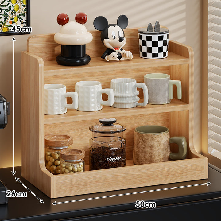 Countertop Wooden Coffee Station Organizer Shelf with Three-Tier Cup and Canister Storage