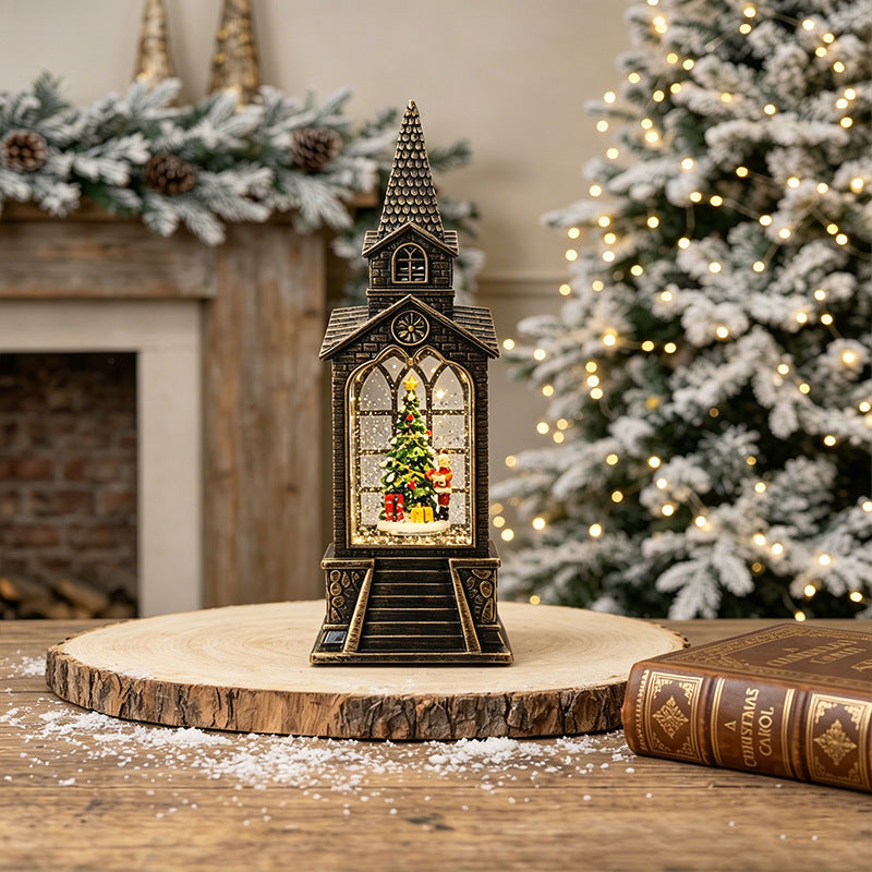 Nostalgic Christmas lantern with illuminated snowman scene