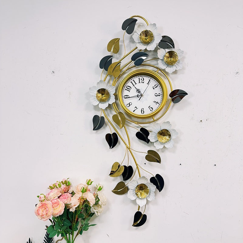Floral Wall Clock Art with Elegant Metal Frame