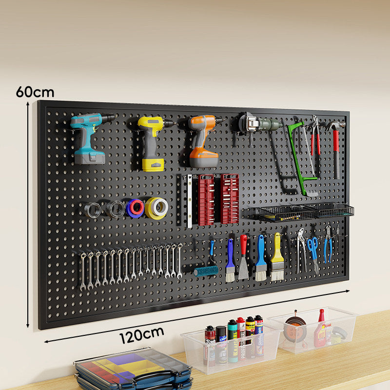 Heavy-Duty Wall-Mounted Perforated Steel Pegboard Tool Organizer with Modular Hooks and Shelf