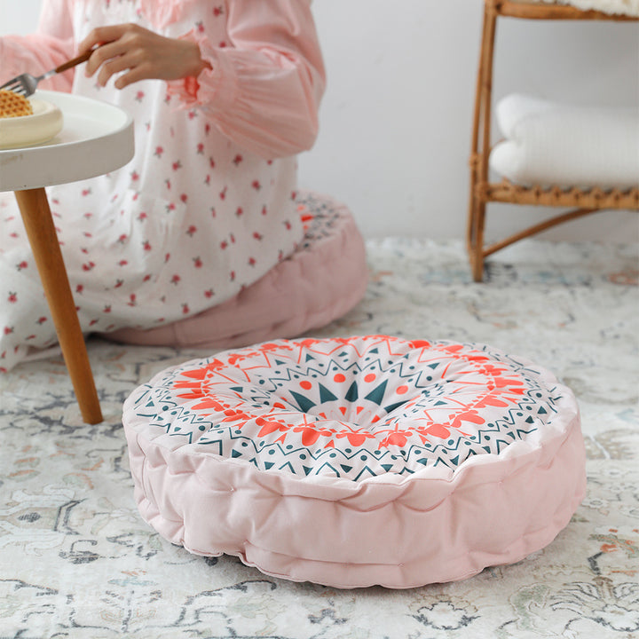 Round seat cushion with mandala print, thickly padded floor seating mat and carrying handle