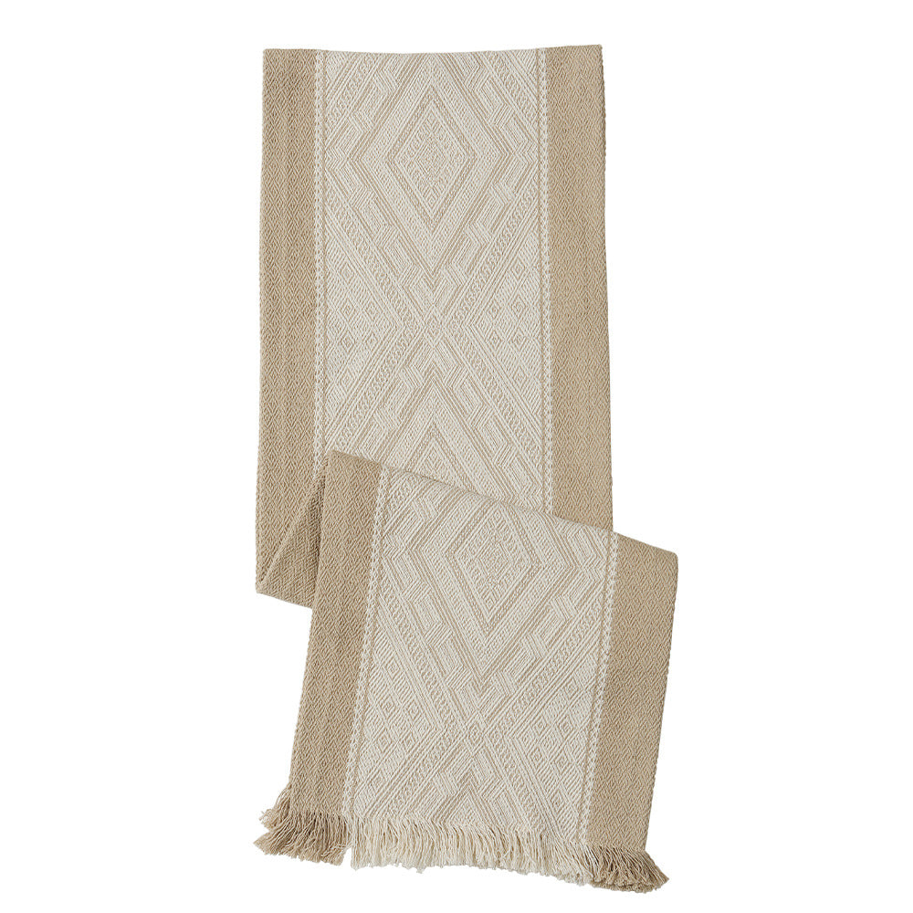 Handwoven table and console runner made of cotton blend fabric with geometric diamond pattern and fringes