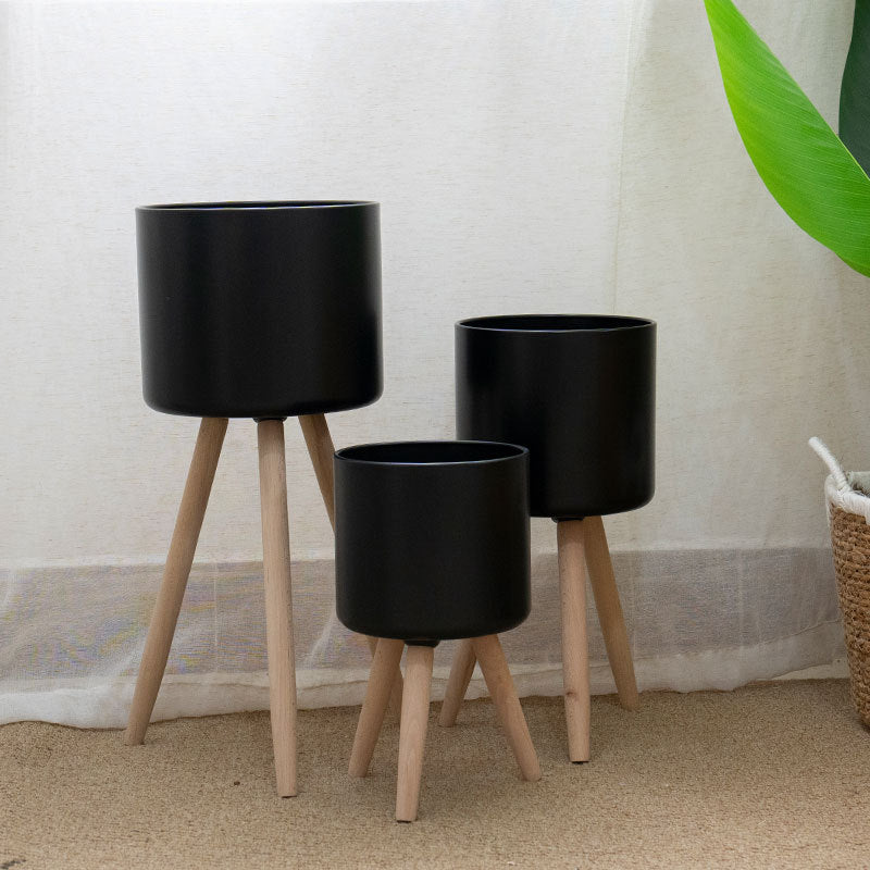 Plant pot with wooden stand