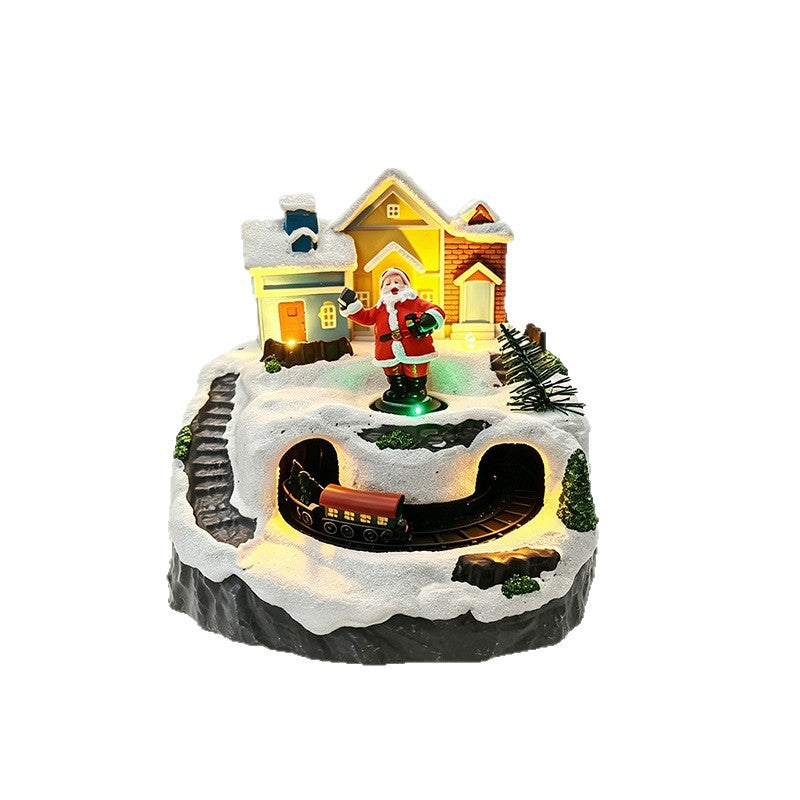 Movable Christmas village with lights and snowman