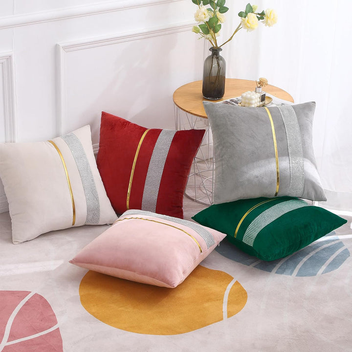 Decorative Velvet Square Throw Pillow with Metallic Trim and Rhinestone Band