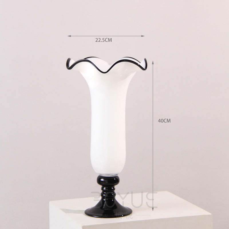 Tall Hand-Blown Fluted Glass Vase with Ruffled Rim & Rounded Pedestal Base