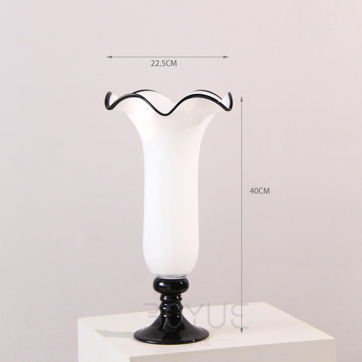 Tall Hand-Blown Fluted Glass Vase with Ruffled Rim & Rounded Pedestal Base