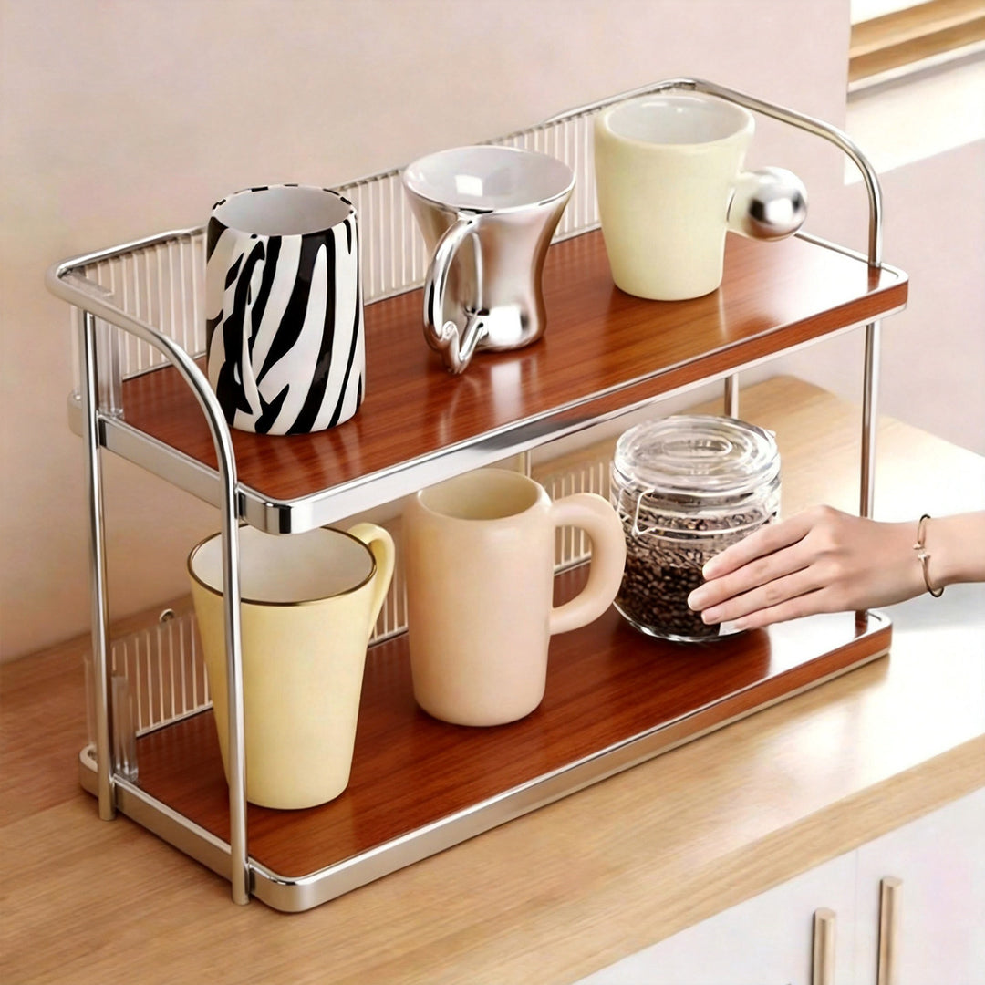 Two-Tier Compact Countertop Kitchen and Tea Station Shelf with Wood-Effect Trays