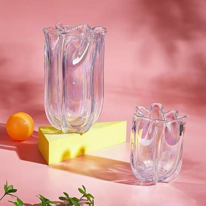 Iridescent Ribbed Hand-Blown Glass Tulip-Shaped Decorative Vase with Folded Rim