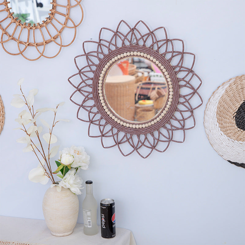 Decorative wall mirror with rattan frame