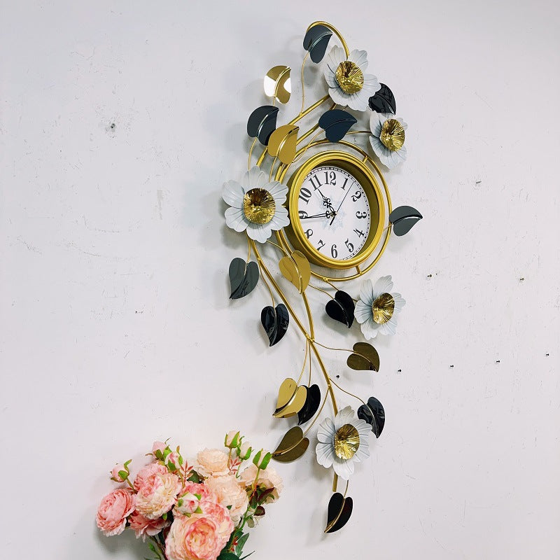 Floral Wall Clock Art with Elegant Metal Frame