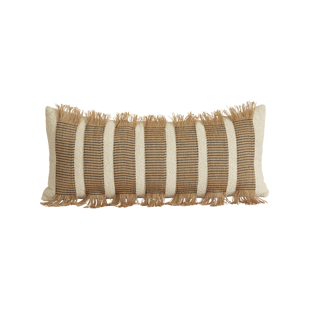 Rectangular decorative cushion with fringes and woven stripes
