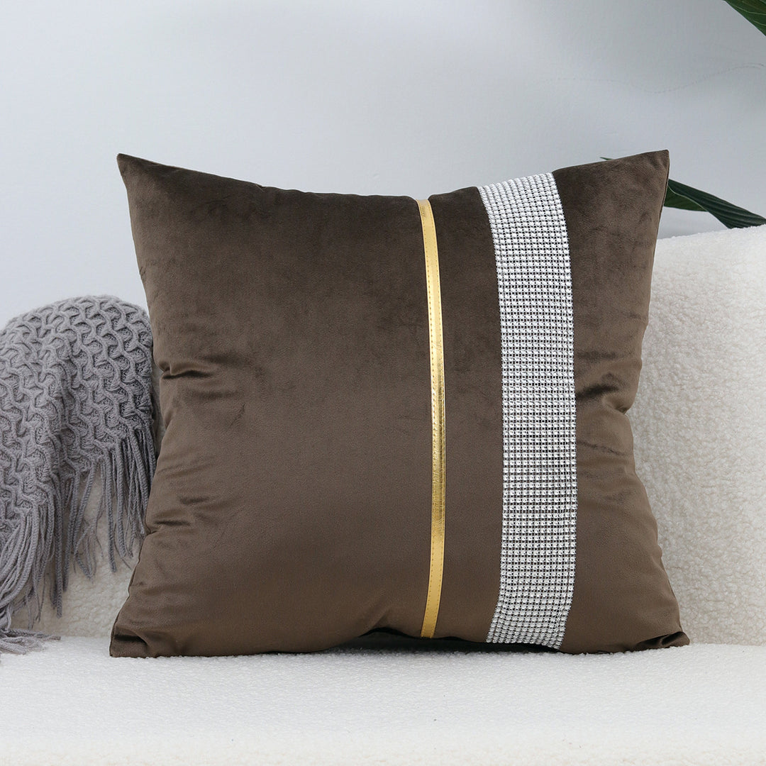 Decorative Velvet Square Throw Pillow with Metallic Trim and Rhinestone Band