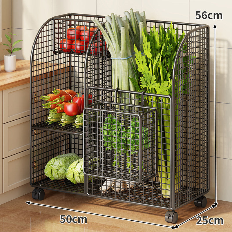 Rolling Metal Mesh Produce Storage Cart with Tall Vertical Compartment and Removable Shelves