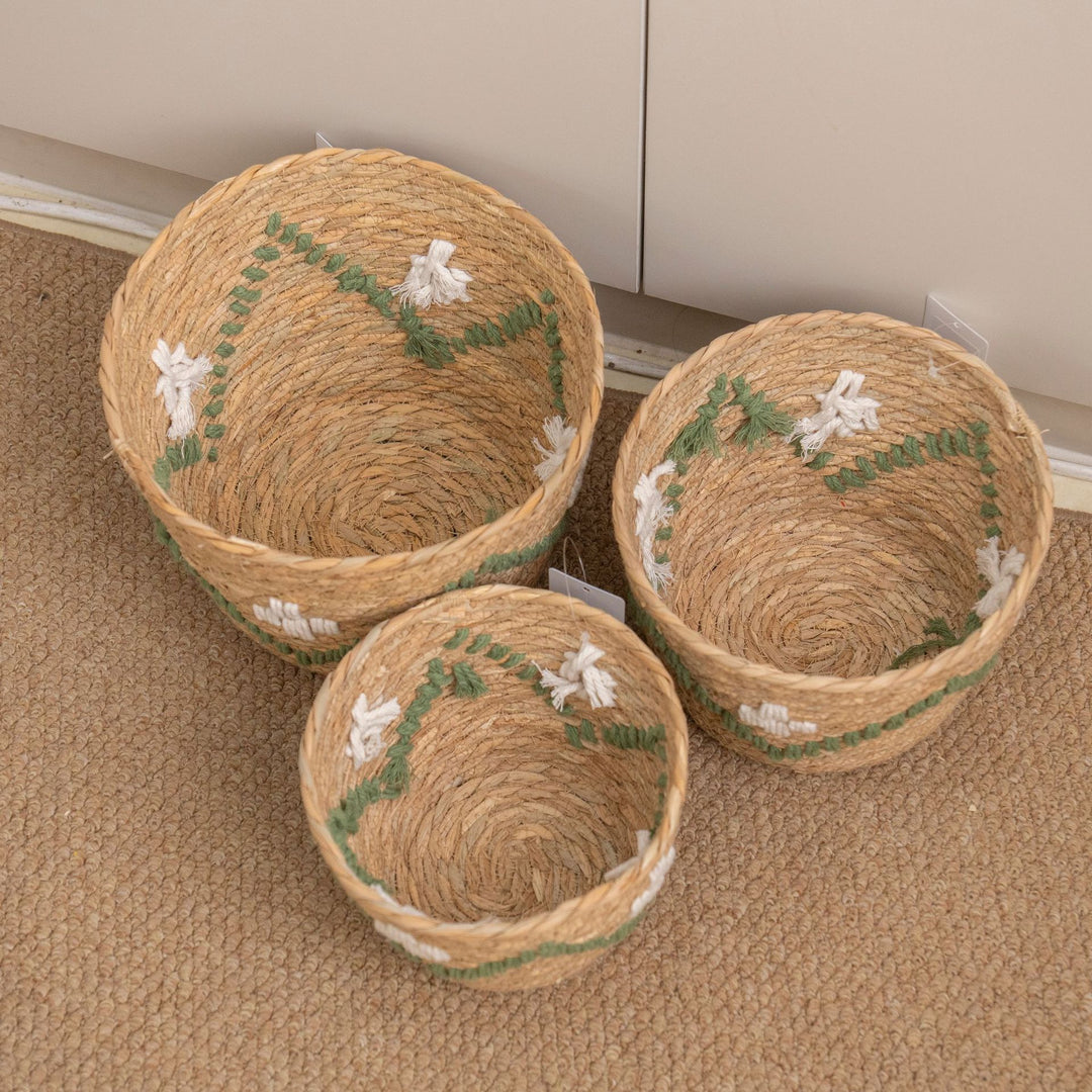 Handwoven storage basket with colorful accents