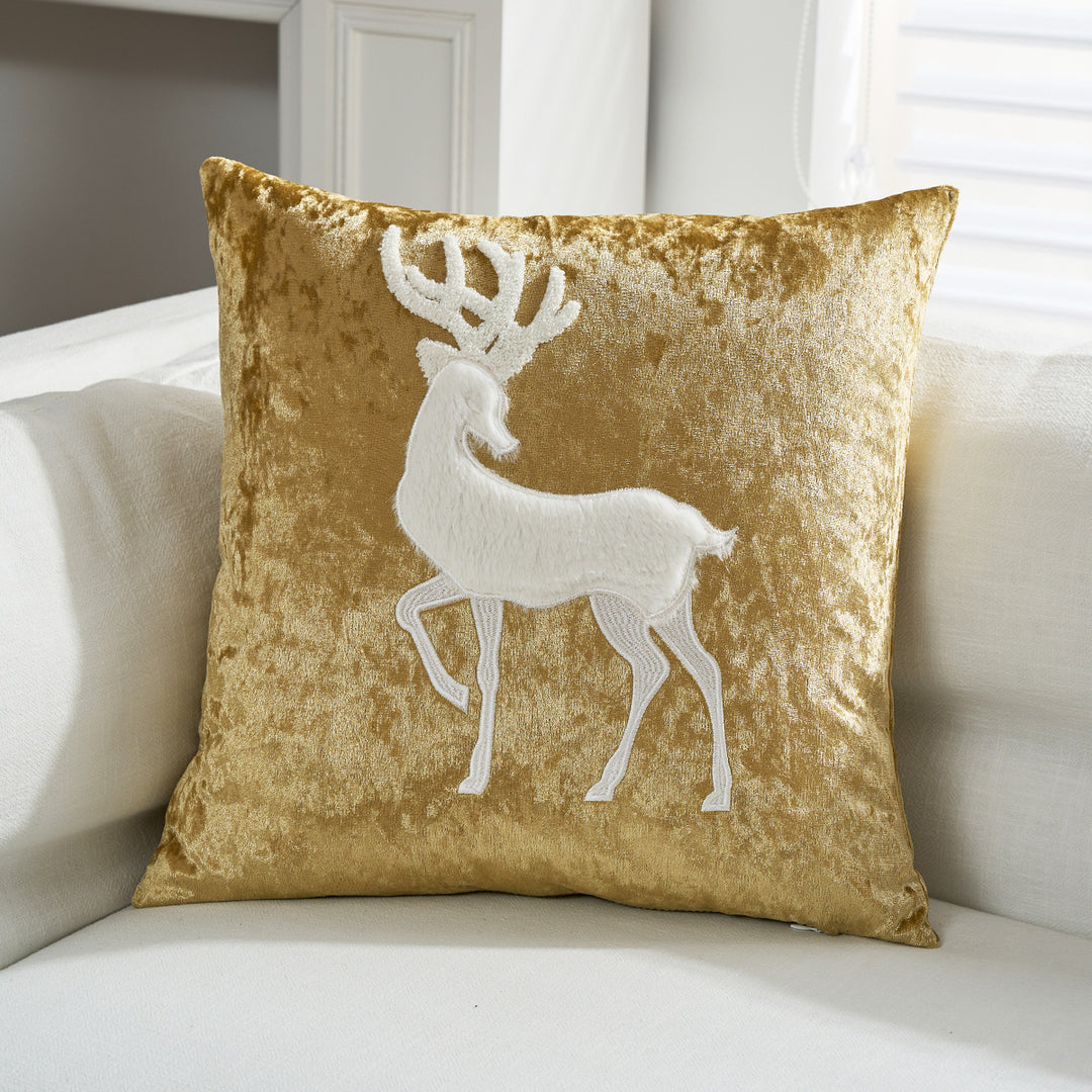 Decorative Velvet Throw Pillow with Appliqué Reindeer Motif