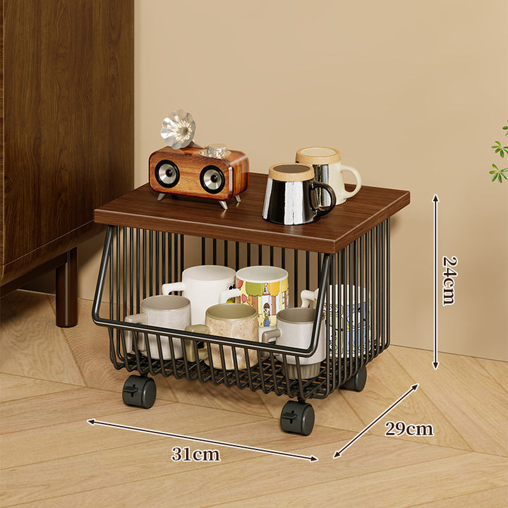 Mobile Four-Tier Kitchen Pantry Organizer Cart with Wood Top and Rolling Wire Baskets