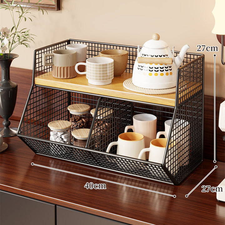 Two-Level Angled Wire Mesh Countertop Organizer with Wood-Effect Top Shelf and Front Drop Bins