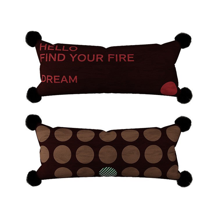 Decorative Long Lumbar Velvet Pillow with Checkerboard Jacquard, Pom-Pom Corners and Patchwork Accents