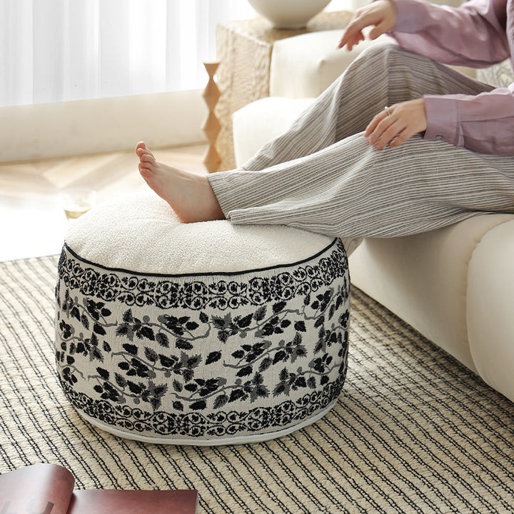 Seat pouf with quilted teddy cover and floral jacquard trim
