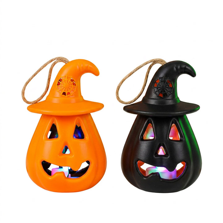 Halloween hanging LED pumpkin lantern ceramic ornament lantern with witch hat and jute rope