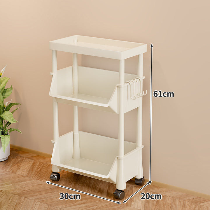 Slim Multi-Tier Rolling Plastic Storage Cart with Deep Tilt Bins and Side Hooks