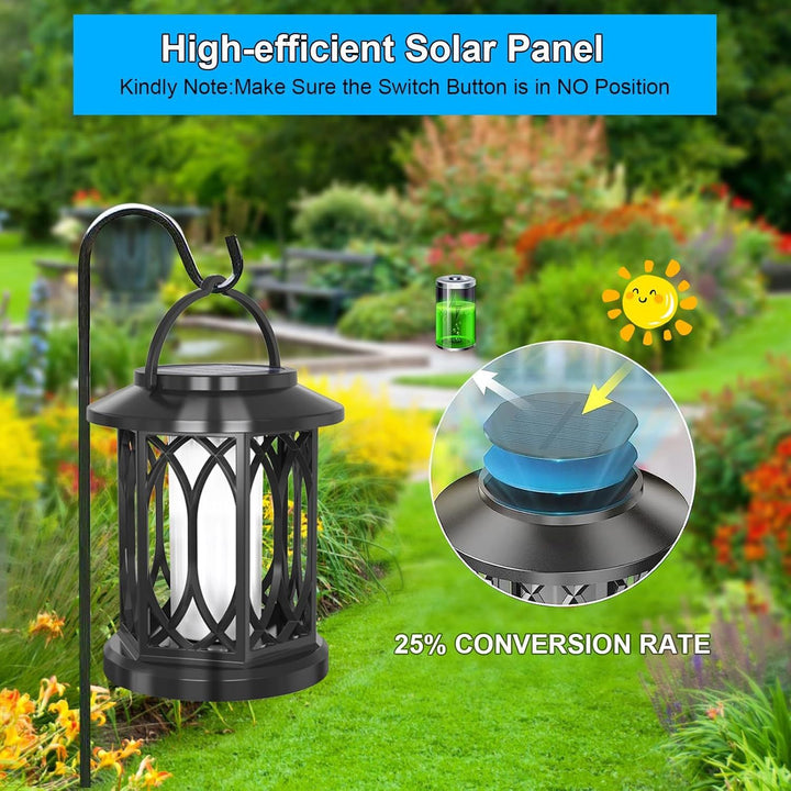 Decorative solar-powered hanging lantern for outdoor use with iron mesh frame