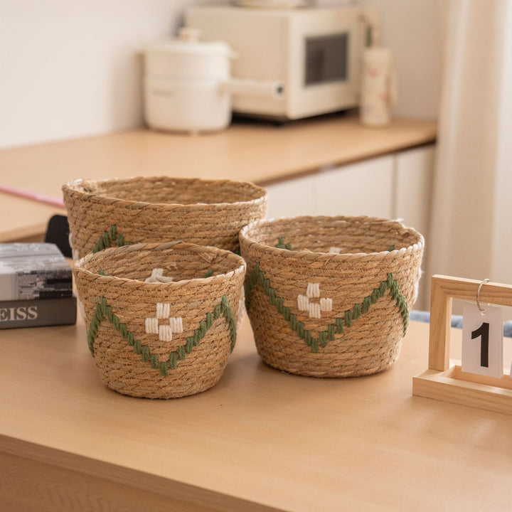 Handwoven storage basket with colorful accents