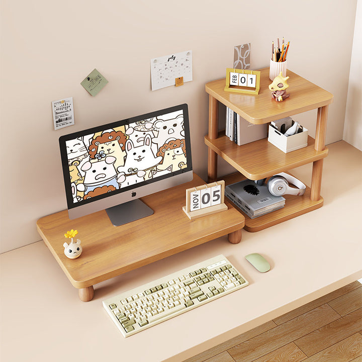 Solid Wood Monitor Riser with Tiered Desk Organizer and Cable Management