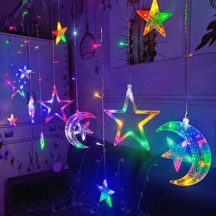 LED Acrylic Hanging Christmas Curtain Light Set with Reindeer Tree Bell and Star Ornaments