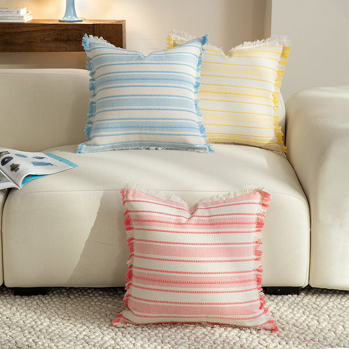 Square striped linen decorative cushion with fringed edge and textured weave