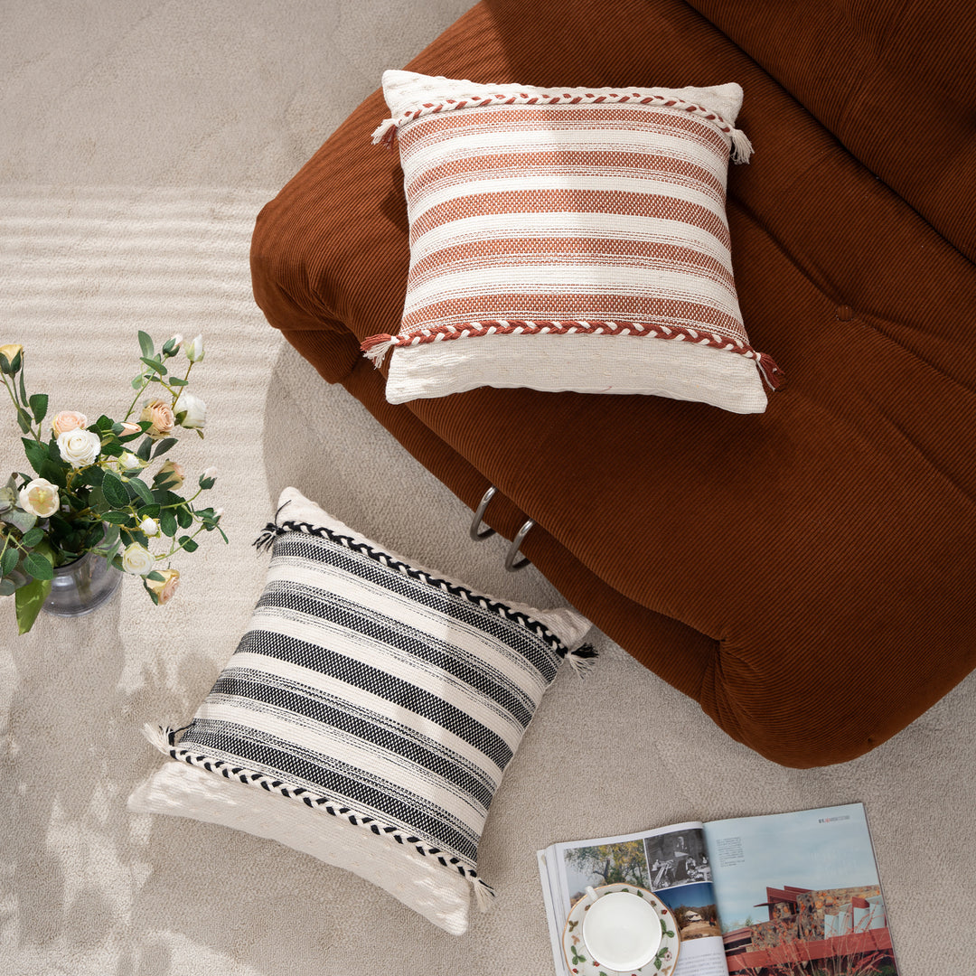 Rectangular Boho Lumbar Pillow with Braided Ties and Tassels