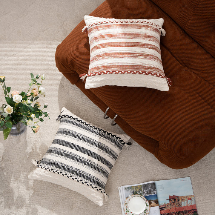 Rectangular Boho Lumbar Pillow with Braided Ties and Tassels