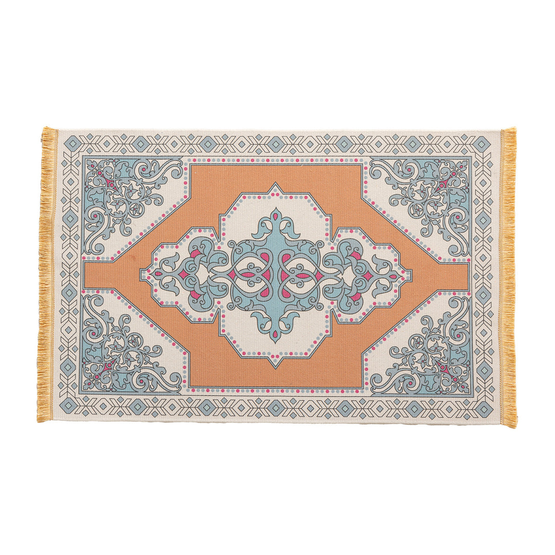 Woven oriental carpet runner with fringes and intricate medallion pattern