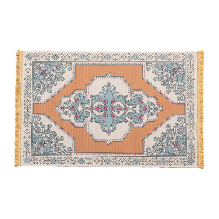 Woven oriental carpet runner with fringes and intricate medallion pattern