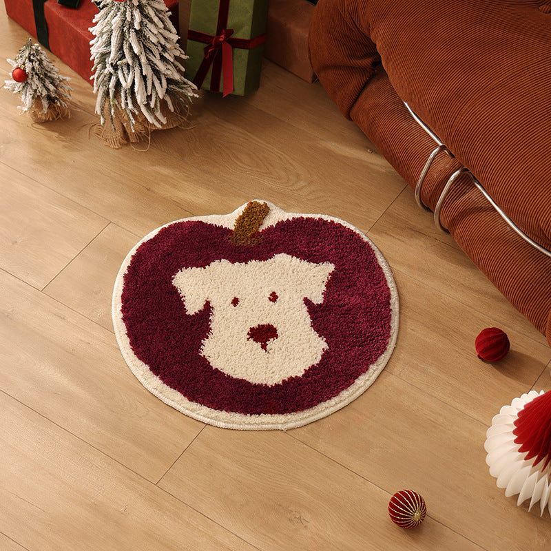 Round tufted floor mat rug in apple shape with dog face and non-slip underside