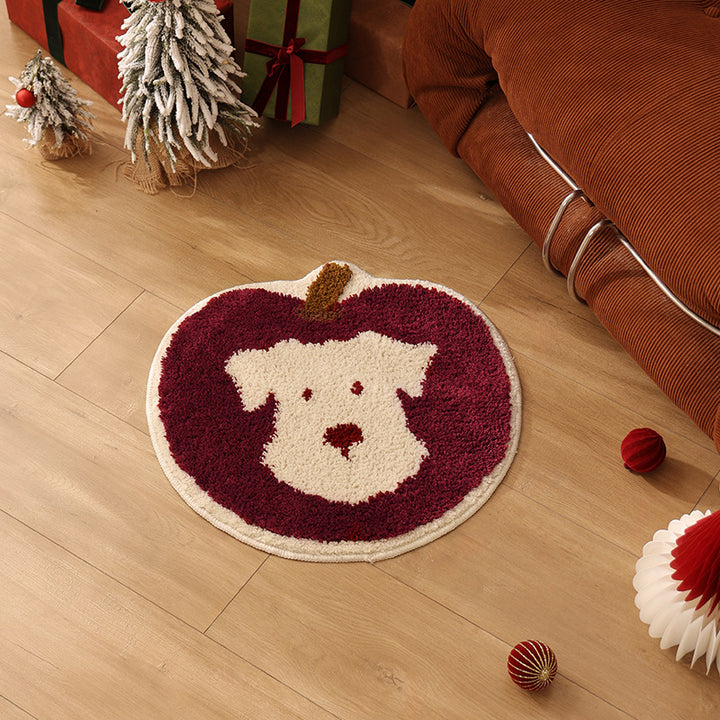 Round tufted floor mat rug in apple shape with dog face and non-slip underside
