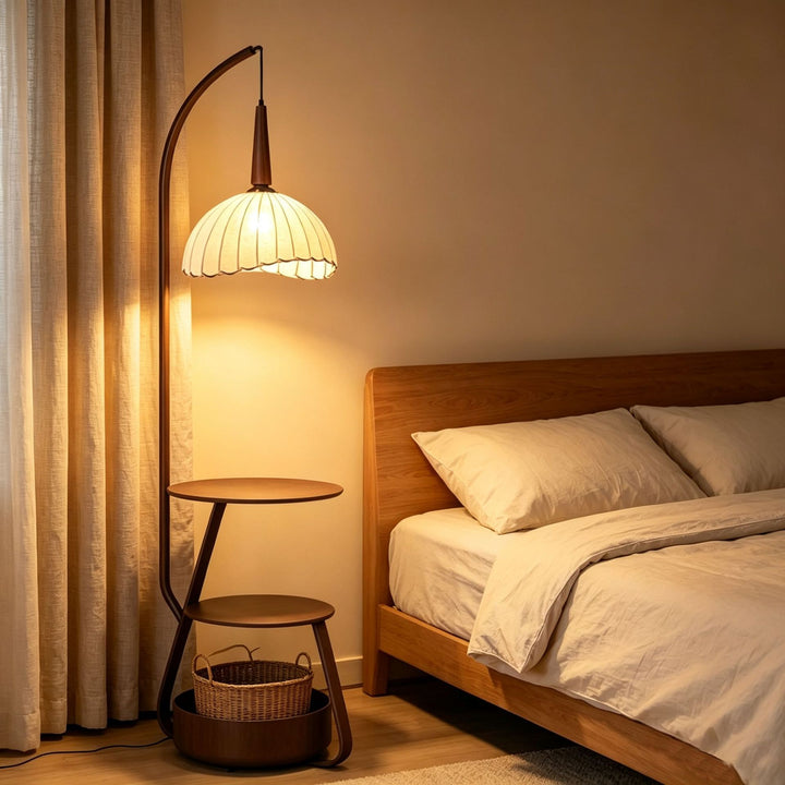 Modern tiered floor lamp with integrated side table